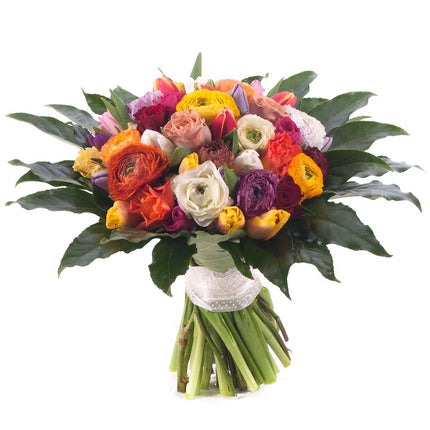 Perla farebné ruže,tulipány a ranunculusy