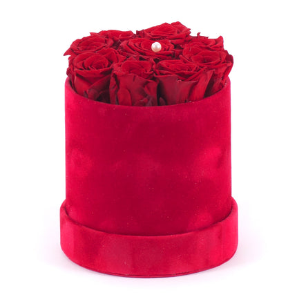 In eterno červený zamatový  okrúhly box červené ruže