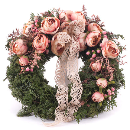 Irigo čačinový veniec ružové kvety stuha