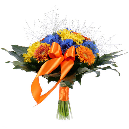 Perla modré hortenzie a barevné mini gerbery