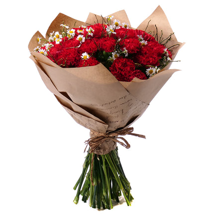 Sweet červené karafiáty s heřmánky