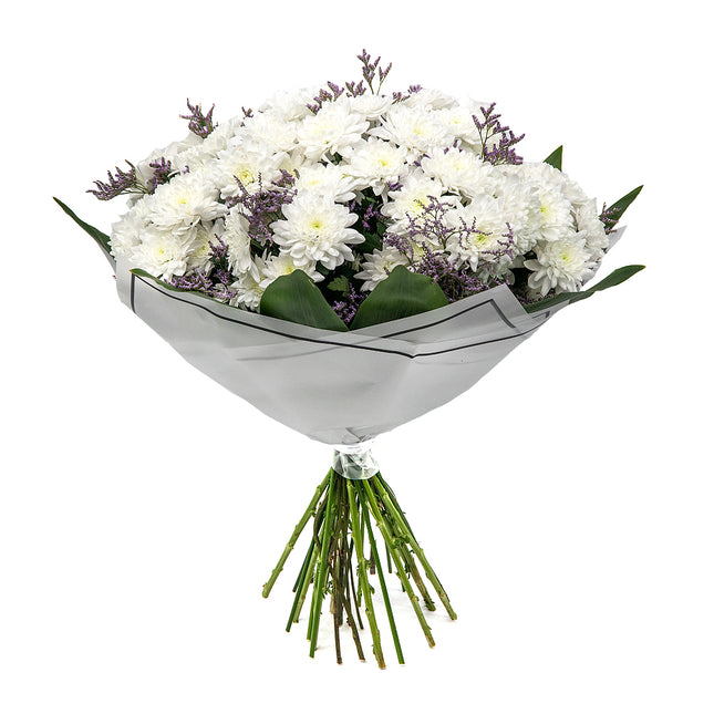 Smuteční kytice bílé chryzantémy a limonka