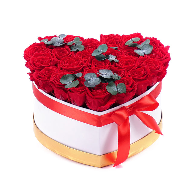 In eterno bílé srdce "L" 25 rudých růží eukalypt