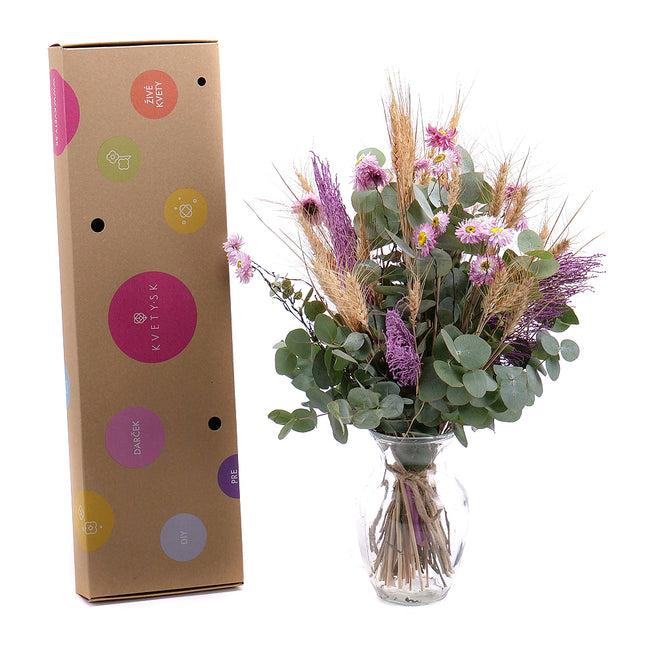 DIY kytice - Eucalyptus Cinerea, klasy a fialové slaměnky ve váze