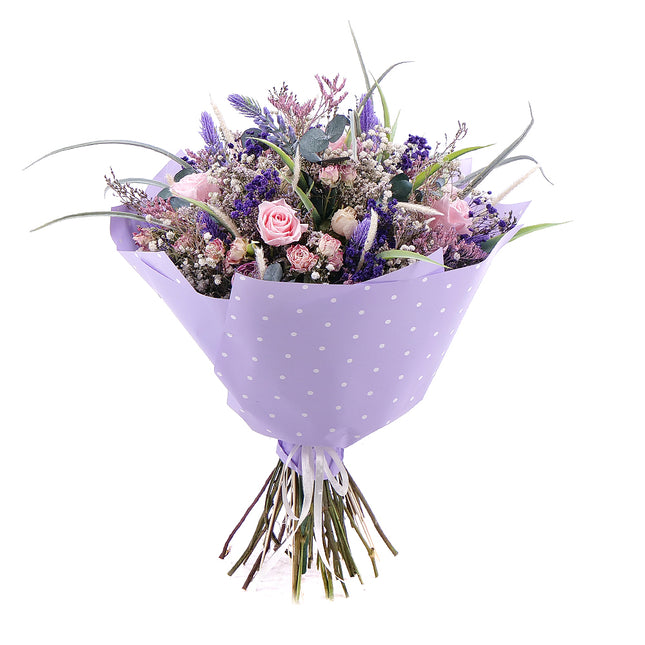 Irigo sušená kytice levandule a preparované růžové růže