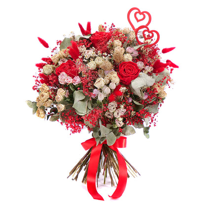 Irigo sušená kytice trsové růže a preparované červené růže srdíčka