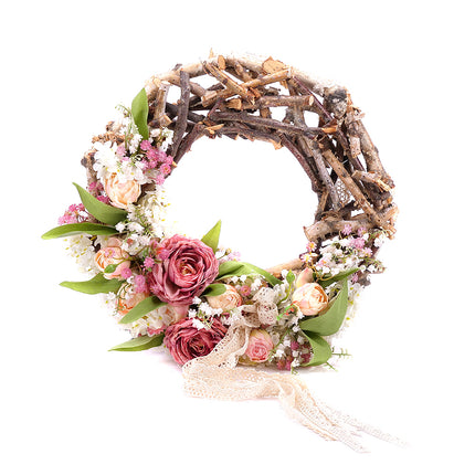 Irigo dřevěný věnec růžové a meruňkové květiny