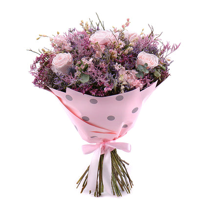 Irigo sušená kytice preparované růžové růže a růžová hortenzie