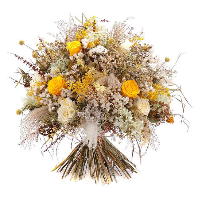 Irigo sušená kytice preparované žluté a krémové růže
