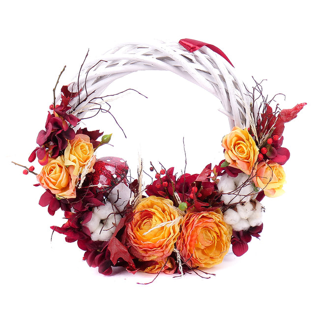 Irigo proutěný věnec oranžové květiny a bavlna