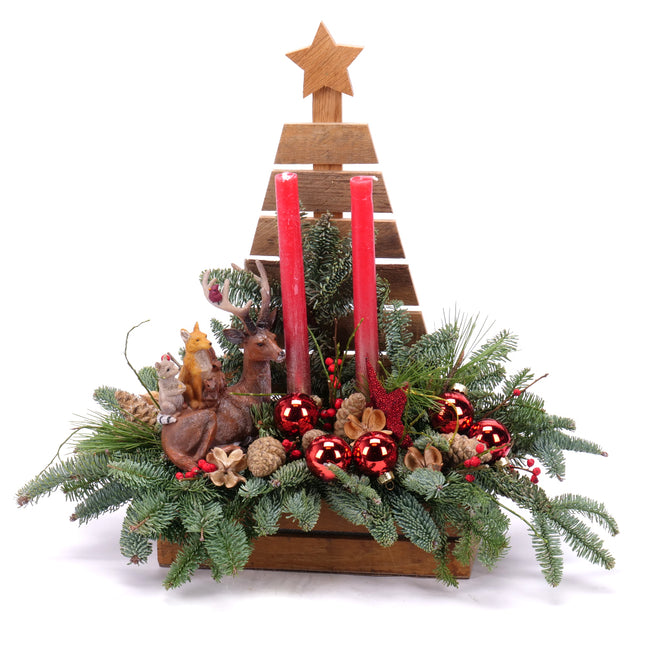 Aranžmá dřevěný hnědý stromek červené doplňky