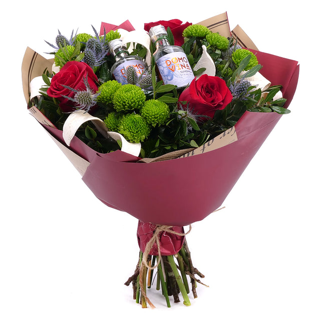 Kytice pro pána červené růže, santiny a slivovice mini