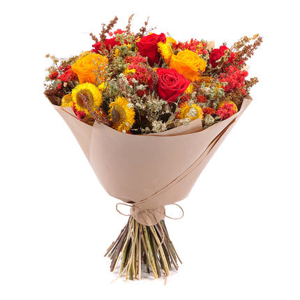 Irigo sušená kytice preparované červené a oranžové růže