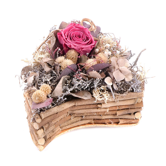 In eterno dřevěný box srdce růžová růže a gomphrena