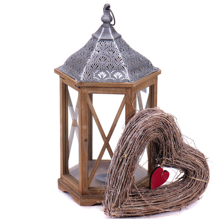 Dárkový set dřevěná lucerna proutěné srdce