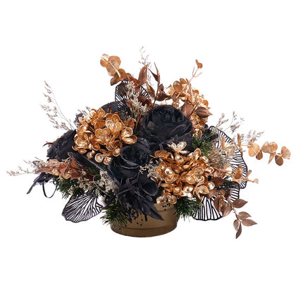Irigo smútočný aranžmán čierne kvety zlaté hortenzie