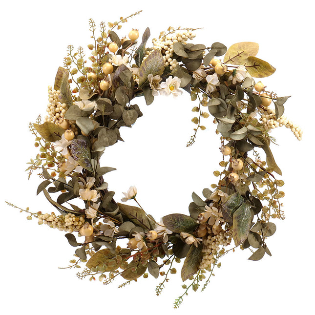 Irigo prútený veniec biele a krémové kvety