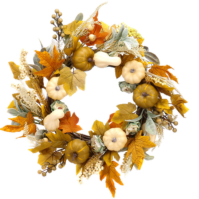 Irigo prútený veniec jesenný žlté kvety a tekvice