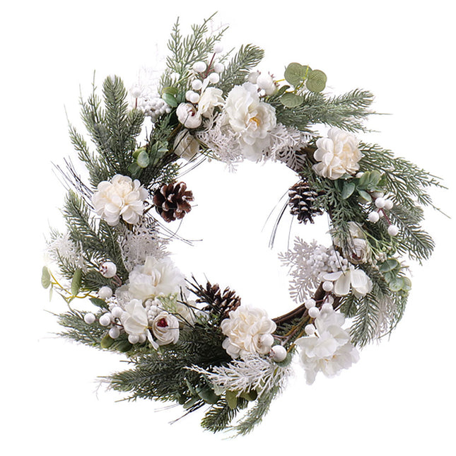 Irigo prútený veniec biele kvety a šišky