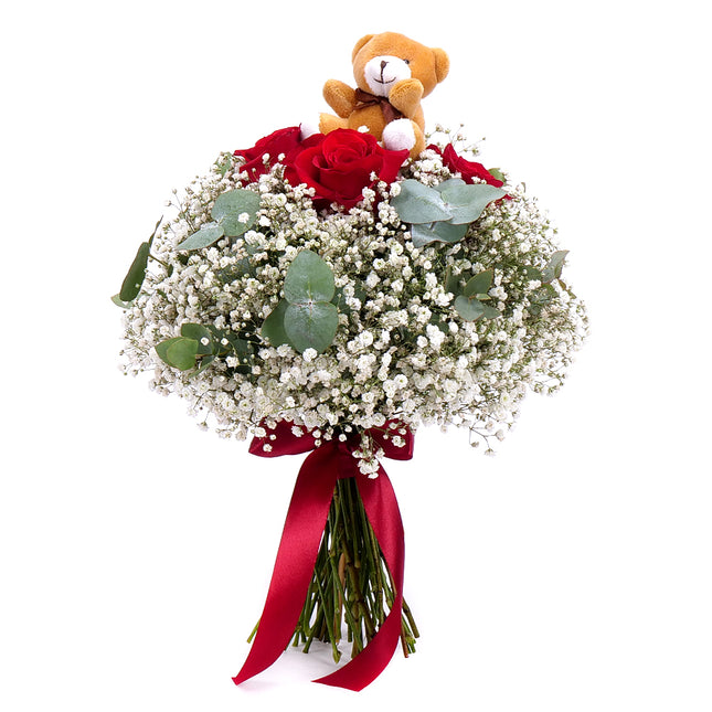 Kytice pro chlapce červené růže a plyšový medvídek