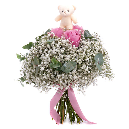 Kytice pro dívku růžové růže a plyšový medvídek