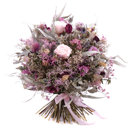 Irigo sušená kytice bordó trsové růže a preparované růžové růže