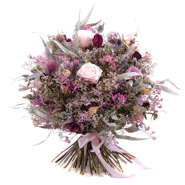 Irigo sušená kytice bordó trsové růže a preparované růžové růže