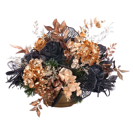 Irigo smútočný aranžmán čierne kvety zlaté hortenzie