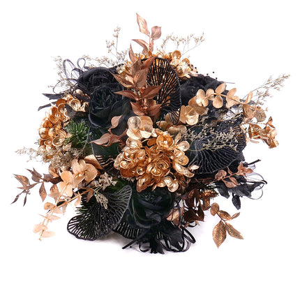 Irigo smútočný aranžmán čierne kvety zlaté hortenzie