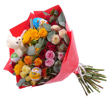 Kytice pro děti barevné trsové růže, medvídek, kinder joy