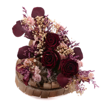 Irigo dřevěné srdce Monalisa burgundy, gypsophila a limonka