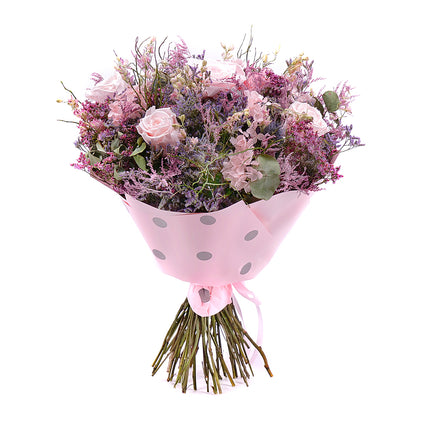 Irigo sušená kytice preparované růžové růže a růžová hortenzie