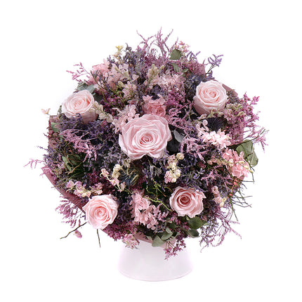 Irigo sušená kytice preparované růžové růže a růžová hortenzie