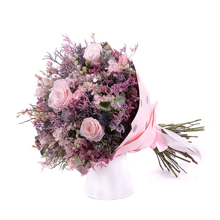 Irigo sušená kytice preparované růžové růže a růžová hortenzie