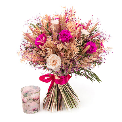 Irigo sušená kytica preparované ružové a cyklámenové ruže sviečka