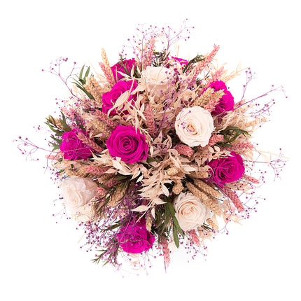 Irigo sušená kytica preparované ružové a cyklámenové ruže sviečka