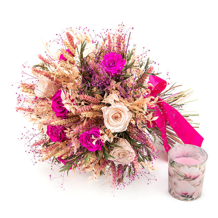 Irigo sušená kytica preparované ružové a cyklámenové ruže sviečka