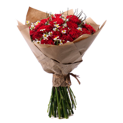 Sweet červené karafiáty s heřmánky