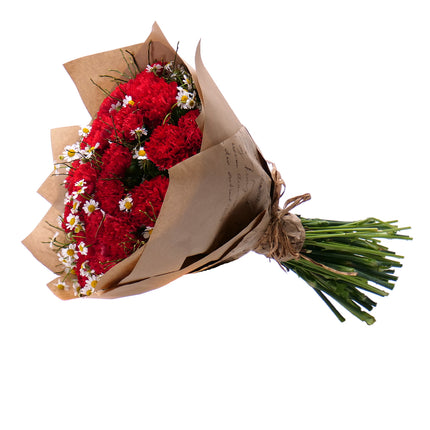 Sweet červené karafiáty s heřmánky