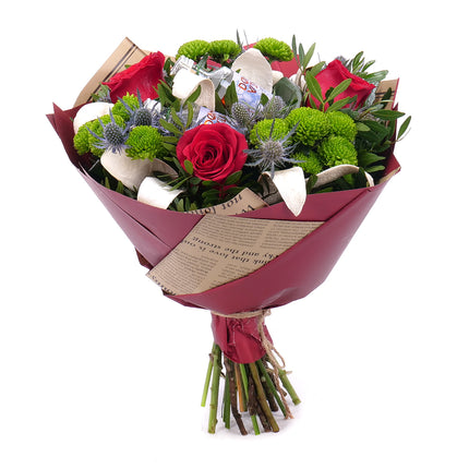 Kytice pro pána červené růže, santiny a slivovice mini