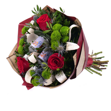 Kytice pro pána červené růže, santiny a slivovice mini