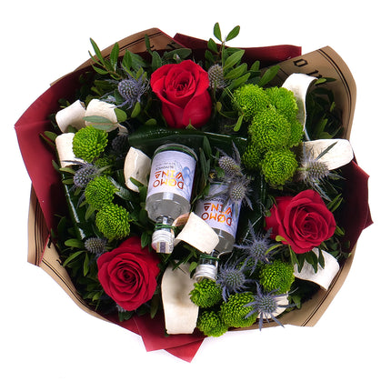 Kytice pro pána červené růže, santiny a slivovice mini