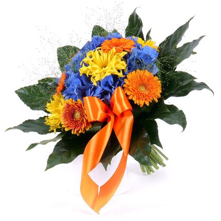 Perla modré hortenzie a barevné mini gerbery