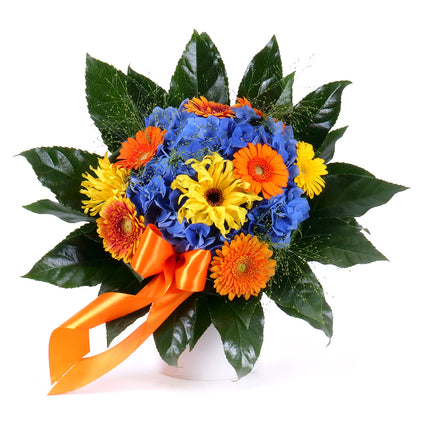 Perla modré hortenzie a barevné mini gerbery