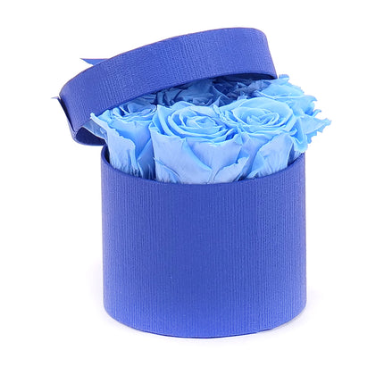 In eterno modrý okrúhly box "S" 8 modrých ruží