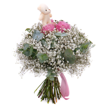 Kytice pro dívku růžové růže a plyšový medvídek