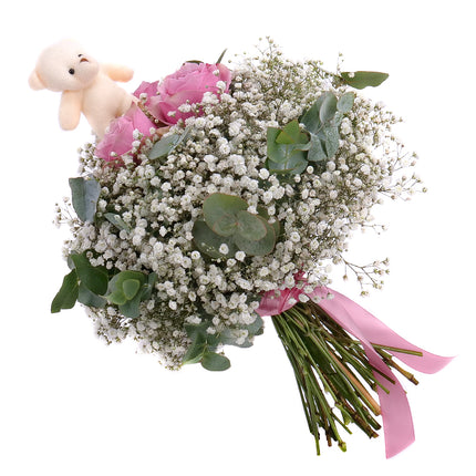 Kytice pro dívku růžové růže a plyšový medvídek