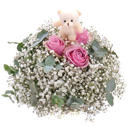 Kytice pro dívku růžové růže a plyšový medvídek