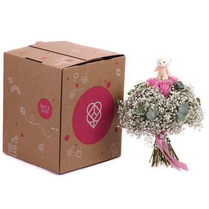 Kytice pro dívku růžové růže a plyšový medvídek