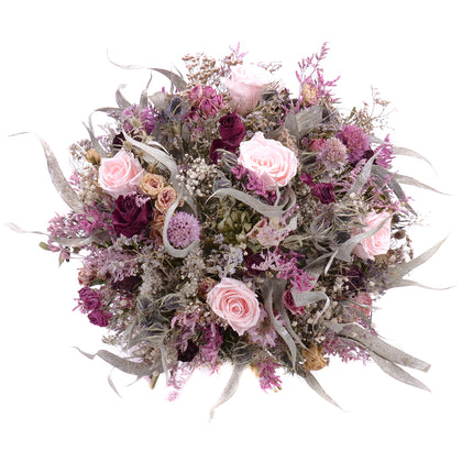 Irigo sušená kytice bordó trsové růže a preparované růžové růže